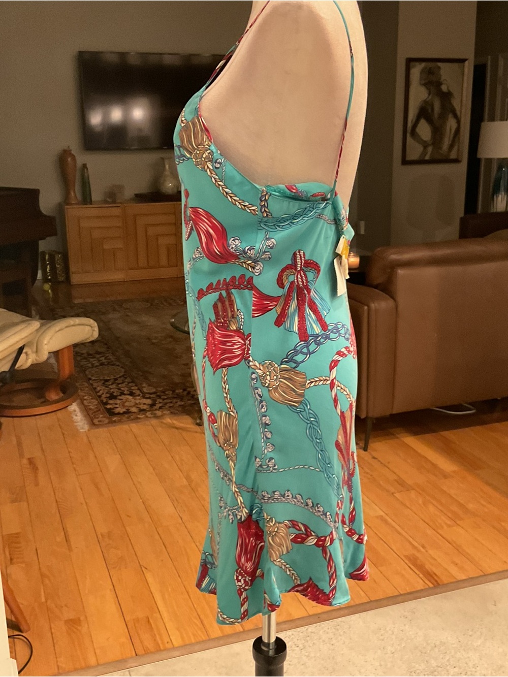 Vintage Gold Label Victoria's Secret Teal Slip Dress with Chain Print - Picture 5 of 6